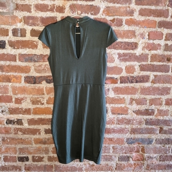 Guess‎ Small Olive Green Fitted Dress w/ a Faux Wrap Skirt & Ruching - Picture 7 of 12